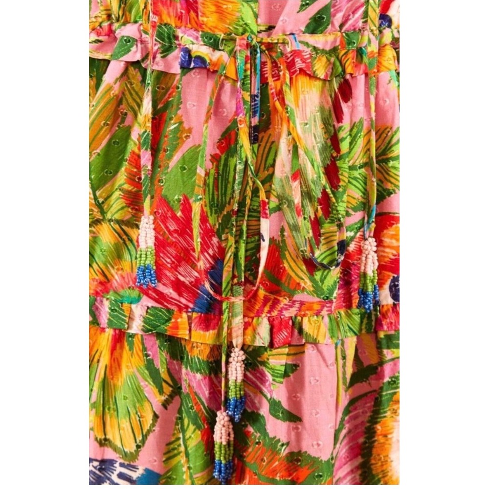 Farm Rio Pink Tropical Parrot Tiered Maxi Dress Flutter Sleeve Womens Size L - Picture 7 of 10